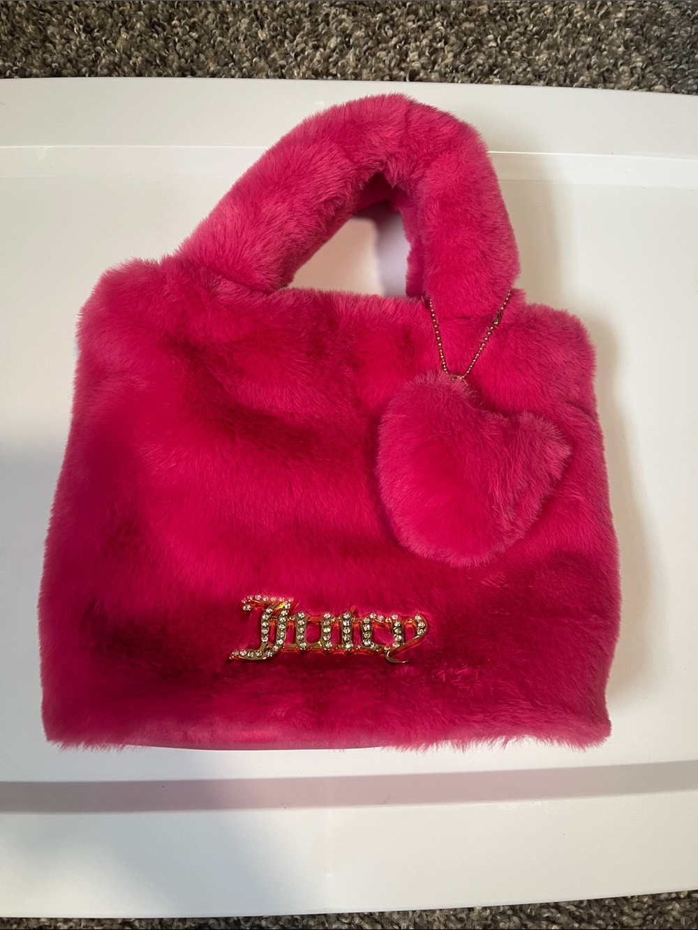 Juicy Couture Bright Pink Plush Faux Fur Tote with Heart Charm